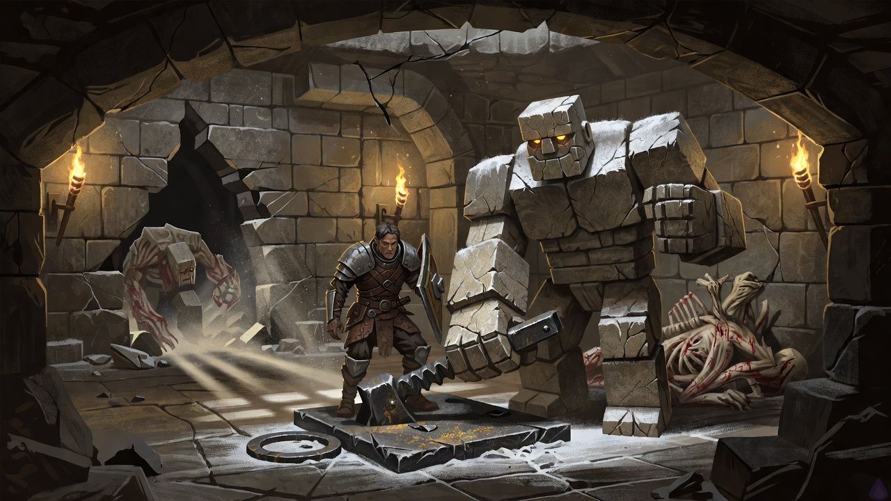 A tense fantasy dungeon chamber with broken stone walls, a half-collapsed ceiling, and dusty light shafts cutting across a narrow battlefield. The protagonist, bare-footed and braced in a Vanguard stance, steps forward with calm determination toward an old iron lever and square floor slab mechanism. Brick, a broad stone golem with a carved, weathered face, stands beside them in a protective pose, one hand near the lever and the other ready for combat. In the shadowed breach behind them, a larger bone-and-sinew creature lurks half-visible, while drifting dust hangs in the air. Moody cold lighting, gritty stone textures, cracked masonry, suspenseful body language, high-stakes dungeon atmosphere, no gore, cinematic composition.