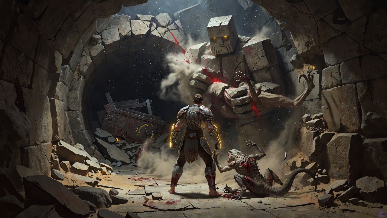 A tense fantasy dungeon chamber with a narrow rubble choke point, cold dust-filled air, broken stone walls, and a dim shaft of light cutting through the darkness. The protagonist, a bare-footed new Vanguard with a braced defensive stance, stands steady at the center of the passage, shoulders squared and fear controlled into calm resolve. Beside and slightly behind them stands Brick, a broad talking stone golem with cracked carved features and a protective posture, dust clinging to his shoulders. In the breached wall ahead, a larger bone-and-sinew dungeon creature retreats into shadow while a smaller injured creature lies twitching near the protagonist’s feet. In the far background, a faint iron mechanism is visible under rubble. The mood is claustrophobic, dangerous, and determined, with dramatic low light, pale dust motes, high tension, and the subtle sense of the unseen Warden watching from beyond the scene.