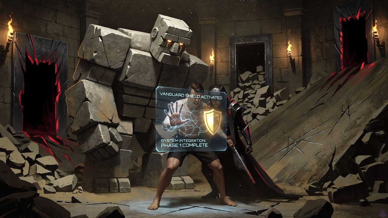 A cold dungeon starting chamber carved from rough stone, lit by pale blue system glow from a translucent class selection screen floating before an amnesiac protagonist. The protagonist stands barefoot in a grounded defensive stance, newly selected Vanguard shield icon glowing faintly near the screen. Beside them is Brick, a tall broad stone golem with a carved face and weathered joints, watching protectively with skeptical posture. Three exits are visible in the background: an iron-cold dark passage, a slanted tunnel with claw marks, and a rubble-choked opening. Mood is tense, tactical, and mysterious. Lighting is dim and blue-white from the system pane, with deep shadows beyond the exits. Emphasize the moment of class selection, the protagonist's cautious resolve, and Brick's gruff guidance.